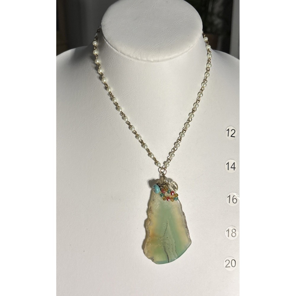 Green Agate Slice Pendant Necklace Faux Pearl Beaded Cluster Boho Artisan
